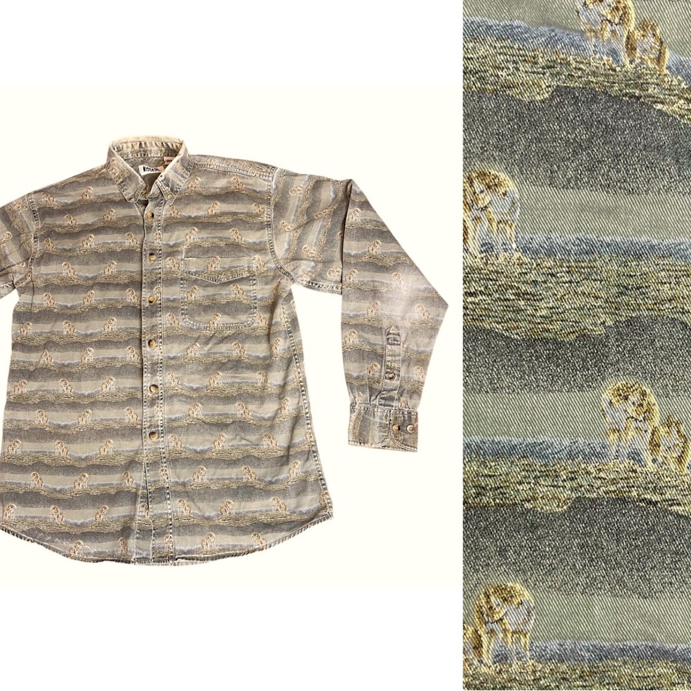 Vintage Mens Safari Lion Patterned Button Up 1990s Hobo Grunge Western Sleazy